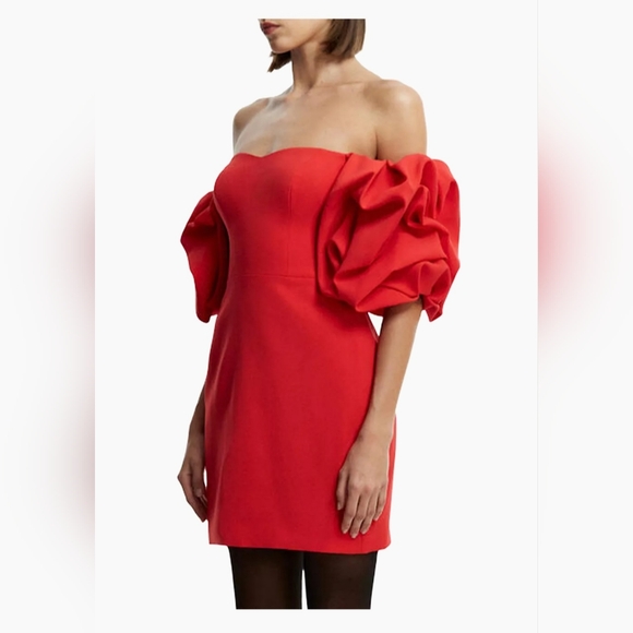 #158 BCBGMAXAZRIA ($368) Mini Dress with statement off the shoulder sleeves NWT - Picture 2 of 5
